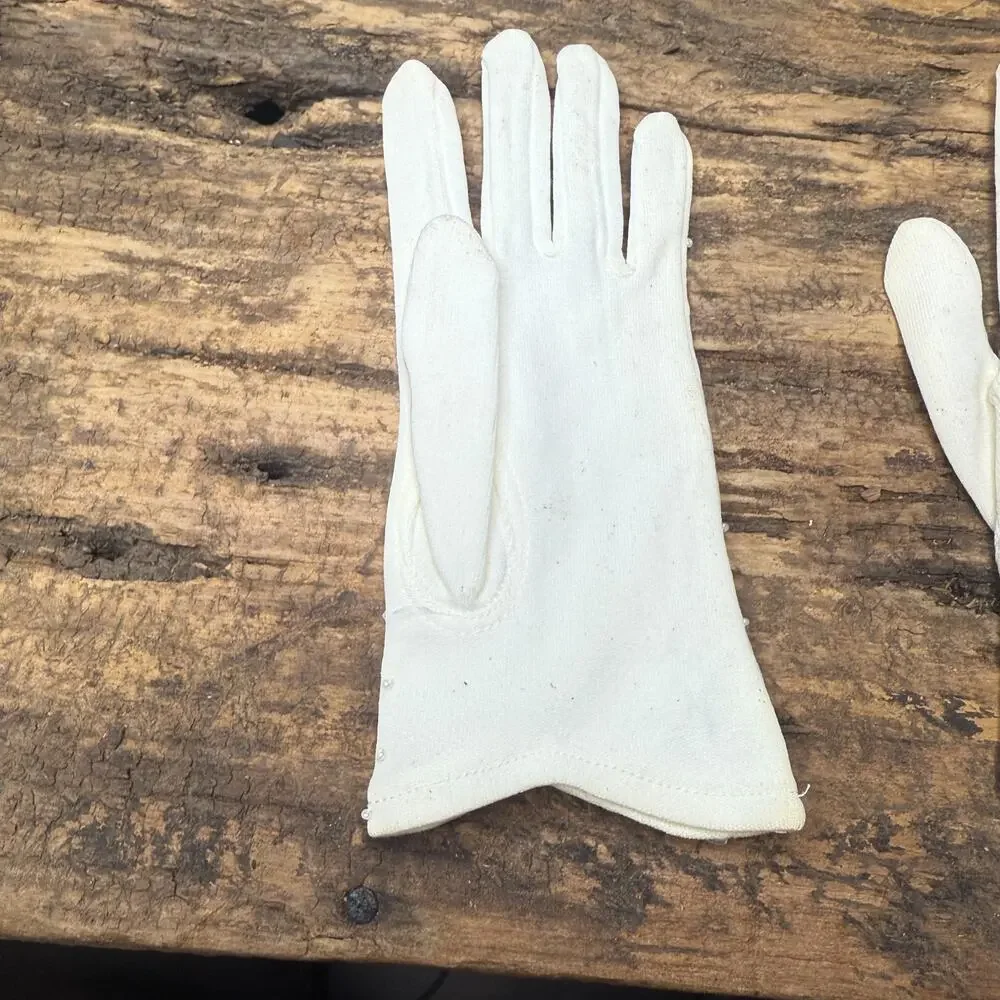 Vintage La Regale Ivory Pearl Beaded Nylon Stretch Gloves Original Box